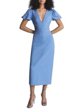 REISS Jennah Puff Sleeve Cut Out Back Midi Dress in Blue UK Size 10 NWT